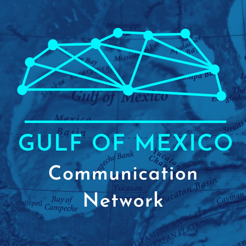 Gulf of Mexico Communication Network logo with blue background of Gulf