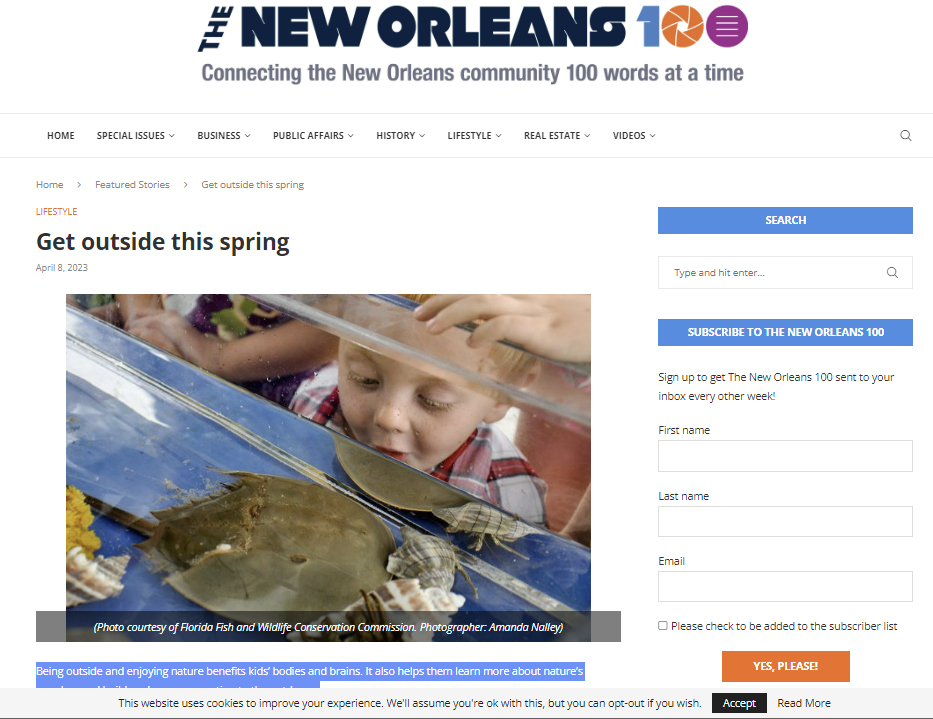 nola 100s webpage with photo of boy looking into tank with horseshoe crab inside