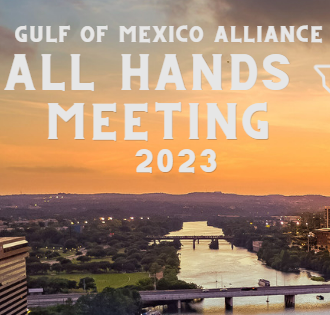 sunset downtown austin with river in background words Gulf of Mexico Alliance All Hands Meeting 2023