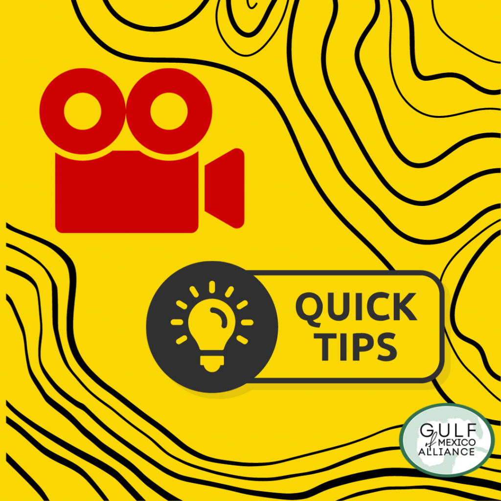 yellow background with black lines a red video camera icon, black lightbulb icon, quick tips words and gulf of mexico alliance logo