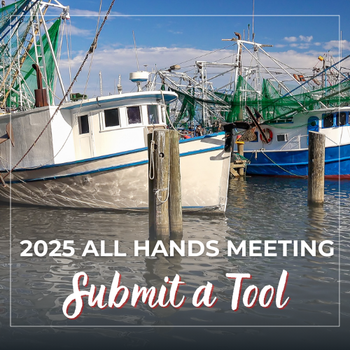 shrimp boats in marine with Submit a Tool 2025 All Hands Meeting text