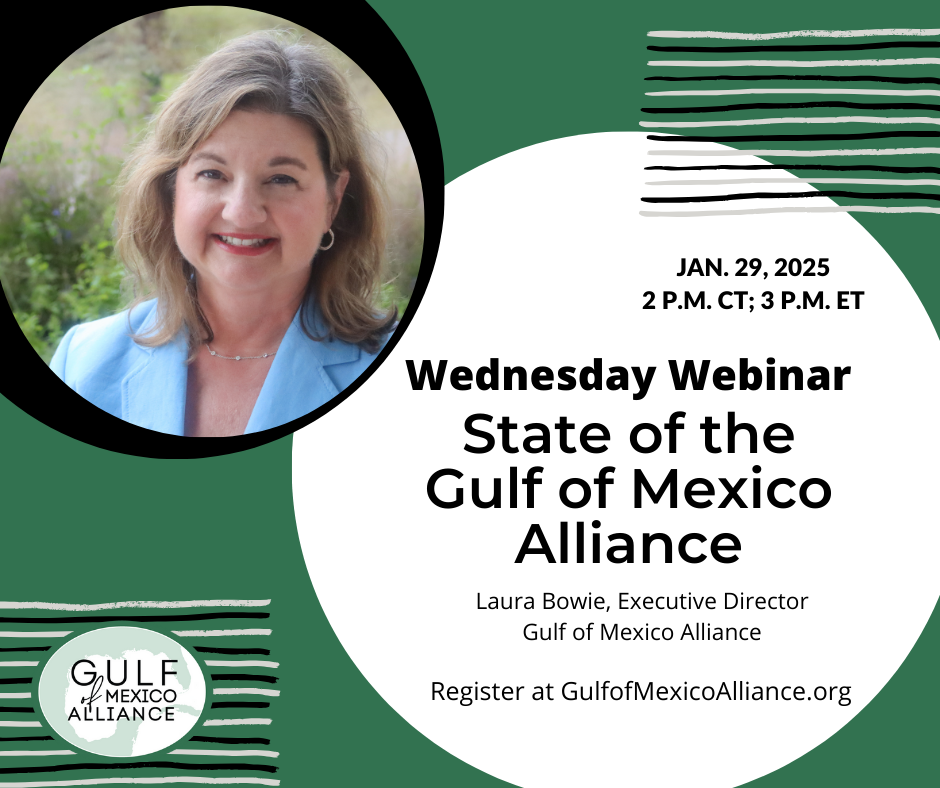 portrait of woman in blue, text reads wednesday webinar Jan 29, 2024, State of the Gulf of Mexico Alliance