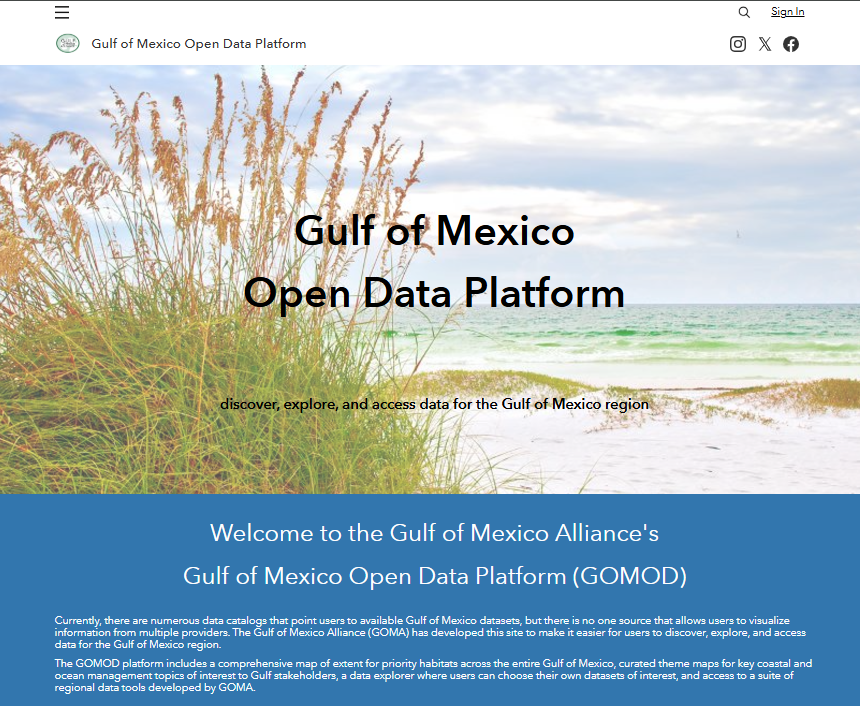 screen shot of the gulf of mexico open data platform website with beach and sea oats in a picture behind text